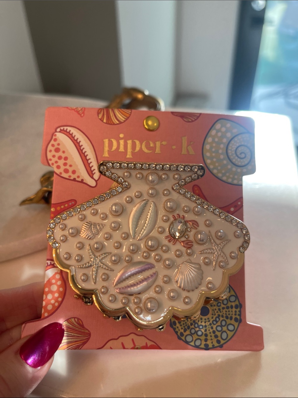 🐚🪞RARE Piper K Pearl Shell Metal Claw Clip Gold/White Glass Rhinestone Large🪞🐚